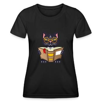 Katze Buchliebhaber Bücher Lesen - Frauen Funktions-T-Shirt - Schwarz - Vorne - AI Model Female 172 light (172cm)