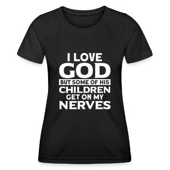 Drôle Cnristian J’aime Dieu Certains de ses enfants Ge - T-shirt sport Femme - noir - Devant - AI Model Female 172 light (172cm)