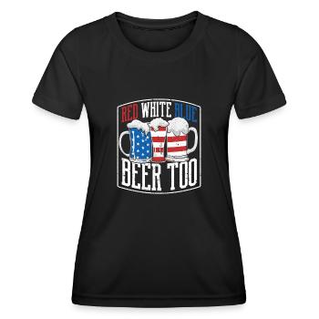Rot Weiß Blau und Bier Zu 4. Juli US Flagge - Frauen Funktions-T-Shirt - Schwarz - Vorne - AI Model Female 172 light (172cm)