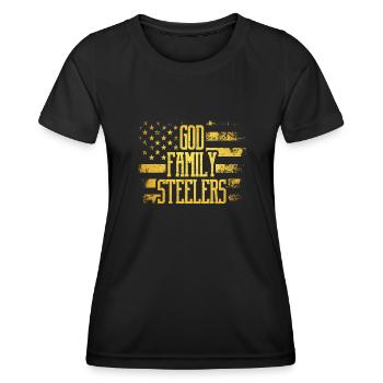 Gott. Familie. Steelers. Uns amerikanische Flagge - Frauen Funktions-T-Shirt - Schwarz - Vorne - AI Model Female 172 light (172cm)
