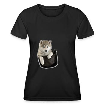 Cute Grey Wolf in Pocket Funny Wolves Graphic - Women's Functional T-Shirt - black - Front - AI Model Female 172 light (172cm)