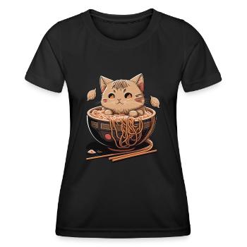 Kawaii Neko Katze Isst Ramen-Nudeln Japanisches Essen - Frauen Funktions-T-Shirt - Schwarz - Vorne - AI Model Female 172 light (172cm)