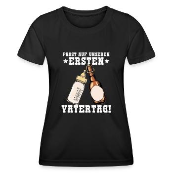 Unser erster Vatertag mit Bier und Milchflasche - Frauen Funktions-T-Shirt - Schwarz - Vorne - AI Model Female 172 light (172cm)