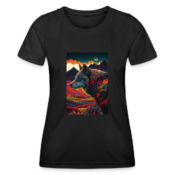 Colorful Painting Wolf in the Sunset – Design - Frauen Funktions-T-Shirt - Schwarz - Vorne - AI Model Female 172 light (172cm)