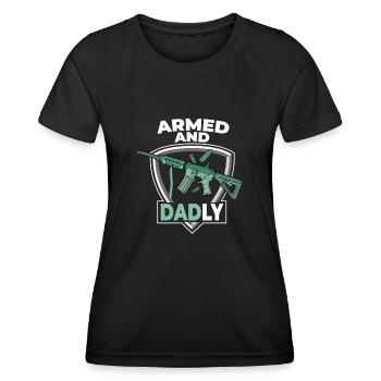 Bewaffnet und väterlich Lustige väterliche Väter - Frauen Funktions-T-Shirt - Schwarz - Vorne - AI Model Female 172 light (172cm)