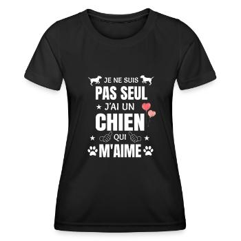 Je ne suis pas seul j'ai un chien qui m'aime - T-shirt sport Femme - noir - Devant - AI Model Female 172 light (172cm)