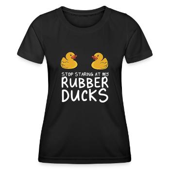Yellow Duckie Duckling Funny Stop Staring At My Ru - Frauen Funktions-T-Shirt - Schwarz - Vorne - AI Model Female 172 light (172cm)