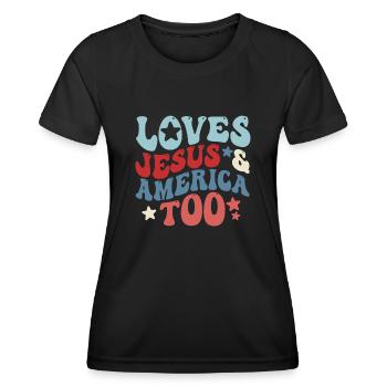 Loves Jesus and America Too God Christian - Women's Functional T-Shirt - black - Front - AI Model Female 172 light (172cm)
