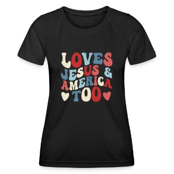 Loves Jesus and America Too God Christian - Women's Functional T-Shirt - black - Front - AI Model Female 172 light (172cm)