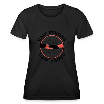 UAW-Gewerkschaftsstreiks und UAW-Protest - UAW Strong - Frauen Funktions-T-Shirt - Schwarz - Vorne - AI Model Female 172 light (172cm)
