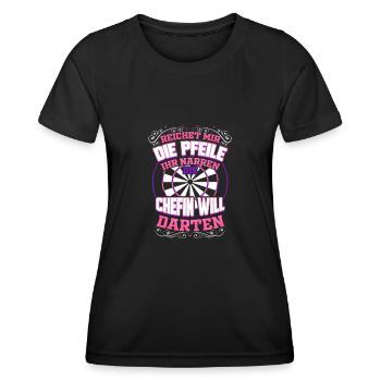 Dartspielerin Lustiges Geschenk Darts Spielen - Frauen Funktions-T-Shirt - Schwarz - Vorne - AI Model Female 172 light (172cm)