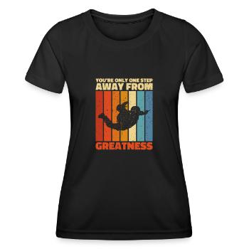 Sie sind nur einen Schritt von der Größe entfernt. Fallschirmspringer - Frauen Funktions-T-Shirt - Schwarz - Vorne - AI Model Female 172 light (172cm)