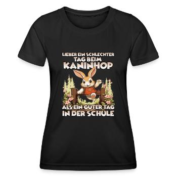 JumpJoy Kaninhop Training für dein Kaninchen - Frauen Funktions-T-Shirt - Schwarz - Vorne - AI Model Female 172 light (172cm)
