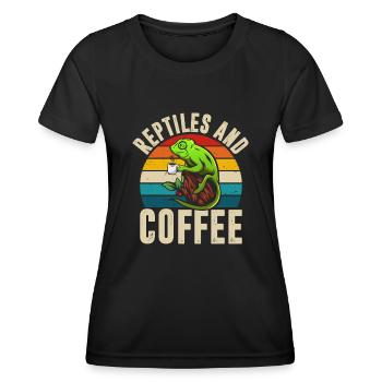 Reptilien Und Kaffee, Chamäleon Retro T-Shirt - Frauen Funktions-T-Shirt - Schwarz - Vorne - AI Model Female 172 light (172cm)
