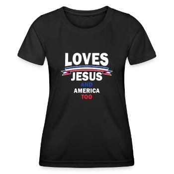 Loves Jesus and America Too God Christian - Women's Functional T-Shirt - black - Front - AI Model Female 172 light (172cm)