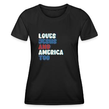 Loves Jesus and America Too God Christian - Women's Functional T-Shirt - black - Front - AI Model Female 172 light (172cm)