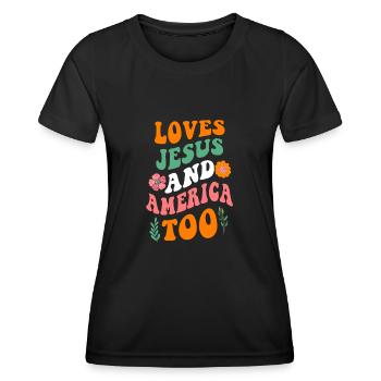 Loves Jesus and America Too God Christian - Women's Functional T-Shirt - black - Front - AI Model Female 172 light (172cm)
