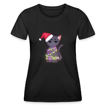 Cute Black Cat Wearing Santa Hat, Xmas Lights - Women's Functional T-Shirt - black - Front - AI Model Female 172 light (172cm)
