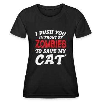 Des zombies qui fuient pour sauver mon chat - T-shirt sport Femme - noir - Devant - AI Model Female 172 light (172cm)