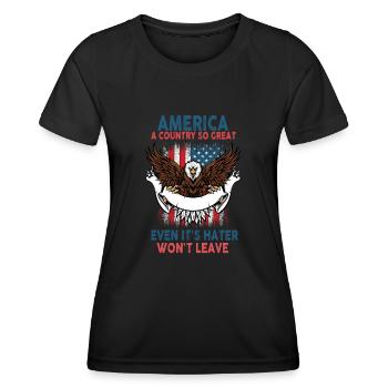 Amerika: Ein Land, das so großartig ist, dass die USA patriotisch sind - Frauen Funktions-T-Shirt - Schwarz - Vorne - AI Model Female 172 light (172cm)