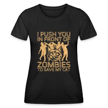 Des zombies qui fuient pour sauver mon chat - T-shirt sport Femme - noir - Devant - AI Model Female 172 light (172cm)