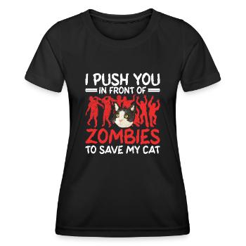 Des zombies qui fuient pour sauver mon chat - T-shirt sport Femme - noir - Devant - AI Model Female 172 light (172cm)