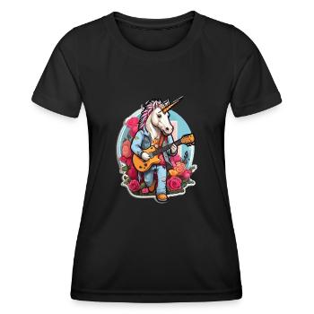 Einhorn spielt Gitarre auf einer Blumenwiese - Frauen Funktions-T-Shirt - Schwarz - Vorne - AI Model Female 172 light (172cm)