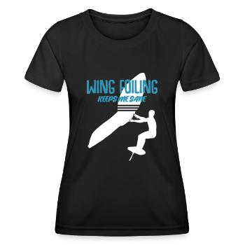 Wing Foiling Wing Surfing Winging - Women's Functional T-Shirt - black - Front - AI Model Female 172 light (172cm)