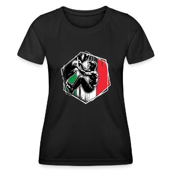Grimpeur d’Italie – Escalade de bloc en détresse - T-shirt sport Femme - noir - Devant - AI Model Female 172 light (172cm)