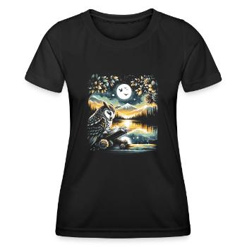 Owl Reading Book – Full Moon Seascape - Women's Functional T-Shirt - black - Front - AI Model Female 172 light (172cm)