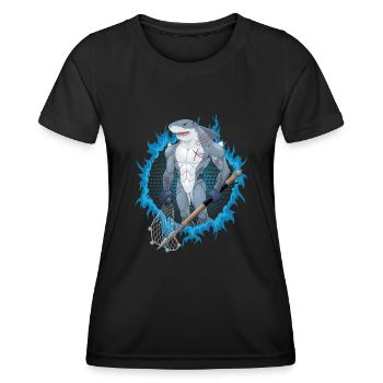 Hai-Mutant mit blauem Feuerhintergrund - Frauen Funktions-T-Shirt - Schwarz - Vorne - AI Model Female 172 light (172cm)