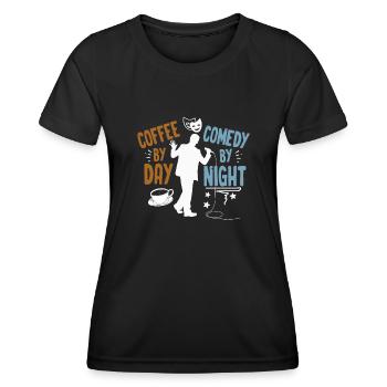 Kaffee bei Tag Comedy bei Nacht Komiker - Frauen Funktions-T-Shirt - Schwarz - Vorne - AI Model Female 172 light (172cm)