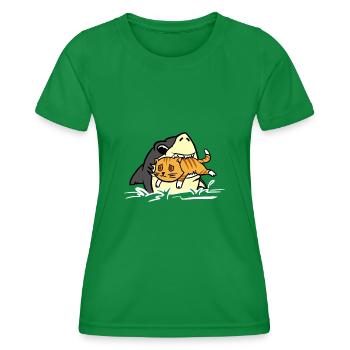 Hai essen Kätzchen T-Shirt Lustiger Hai Und Katze - Frauen Funktions-T-Shirt - Kelly Green - Vorne - AI Model Female 172 dark (172cm)