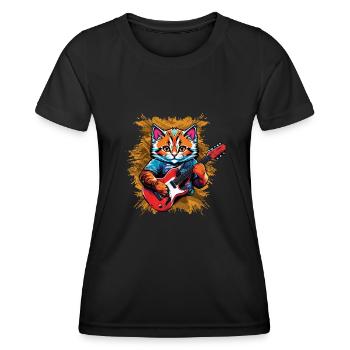 Kawaii Cat spielt Gitarre Instrumente Rock - Frauen Funktions-T-Shirt - Schwarz - Vorne - AI Model Female 172 light (172cm)