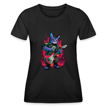 Rocker Cat spielt Gitarreninstrumente - Frauen Funktions-T-Shirt - Schwarz - Vorne - AI Model Female 172 light (172cm)