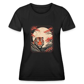Tiger Japan Cherry Blossom Moon - Frauen Funktions-T-Shirt - Schwarz - Vorne - AI Model Female 172 light (172cm)
