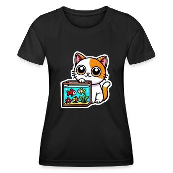 Süße rotweiße Katze sitzt am Aquarium - Frauen Funktions-T-Shirt - Schwarz - Vorne - AI Model Female 172 light (172cm)