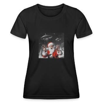 Santa Claus Selfie with UFOs, Strange Print - Women's Functional T-Shirt - black - Front - AI Model Female 172 light (172cm)