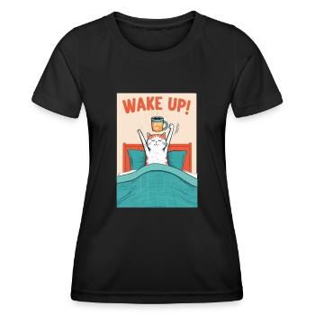 Wake up, morning coffee, bed, wake up, cat - Women's Functional T-Shirt - black - Front - AI Model Female 172 light (172cm)