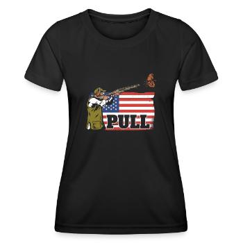 Tir à la traction Sports Drapeau USA Tir au pigeon d’argile - T-shirt sport Femme - noir - Devant - AI Model Female 172 light (172cm)