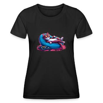 Katze & Musik, Bunte Digitale Kunst Katze - Frauen Funktions-T-Shirt - Schwarz - Vorne - AI Model Female 172 light (172cm)