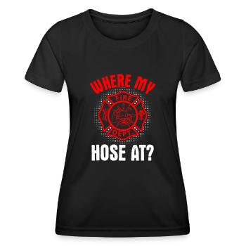 Wo Mein Schlauch an der lustigen Feuerwehr-Roten Linie - Frauen Funktions-T-Shirt - Schwarz - Vorne - AI Model Female 172 light (172cm)