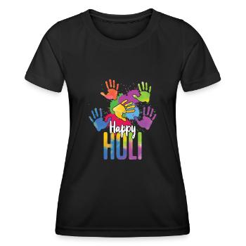 Happy Holi Festival Empreintes de mains colorées - T-shirt sport Femme - noir - Devant - AI Model Female 172 light (172cm)