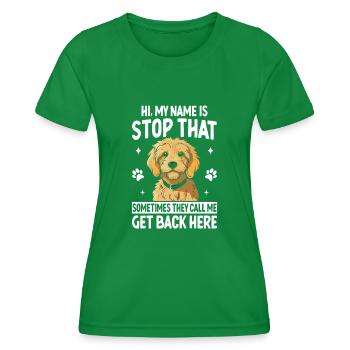 Salut, je m’appelle Stop ce drôle de chiot Golden Doodle - T-shirt sport Femme - vert - Devant - AI Model Female 172 dark (172cm)