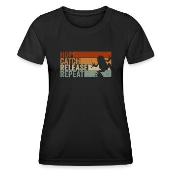 Hop Catch Release Repeat Frog Humor - Women's Functional T-Shirt - black - Front - AI Model Female 172 light (172cm)