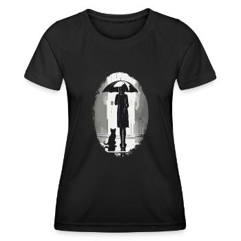 Woman and cat waiting under umbrella in the rain - Women's Functional T-Shirt - black - Front - AI Model Female 172 light (172cm)