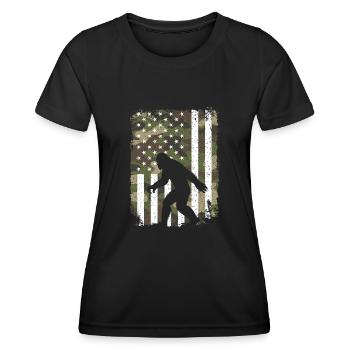 Bigfoot Sasquatch on Camo US Flag Retro Camouflage - Women's Functional T-Shirt - black - Front - AI Model Female 172 light (172cm)