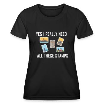 Collectionner les timbres - T-shirt sport Femme - noir - Devant - AI Model Female 172 light (172cm)