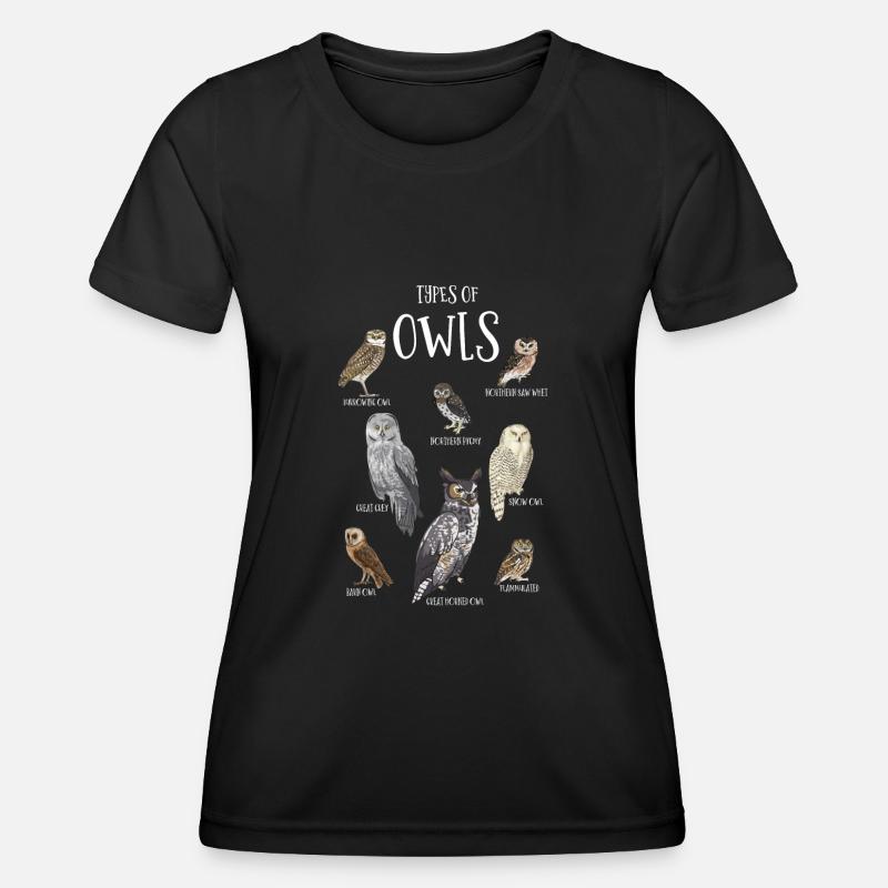 Owl Types, Owls, Barn Owl, Great Gray - Women's Functional T-Shirt - black
