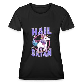 Netter & lustiger Hagel Satan Einhorn Satanic Metal Pun - Frauen Funktions-T-Shirt - Schwarz - Vorne - AI Model Female 172 light (172cm)
